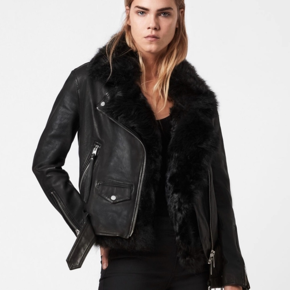 ALL SAINTS Luna 4 in 1 Shearling and Black  Leather Biker Jacket Size US 2